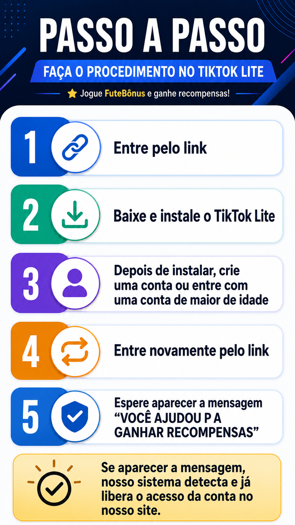 Passo a passo: entre pelo link, instale o TikTok Lite, acesse uma conta de maior de idade, entre novamente pelo link e aguarde a mensagem de confirmação.